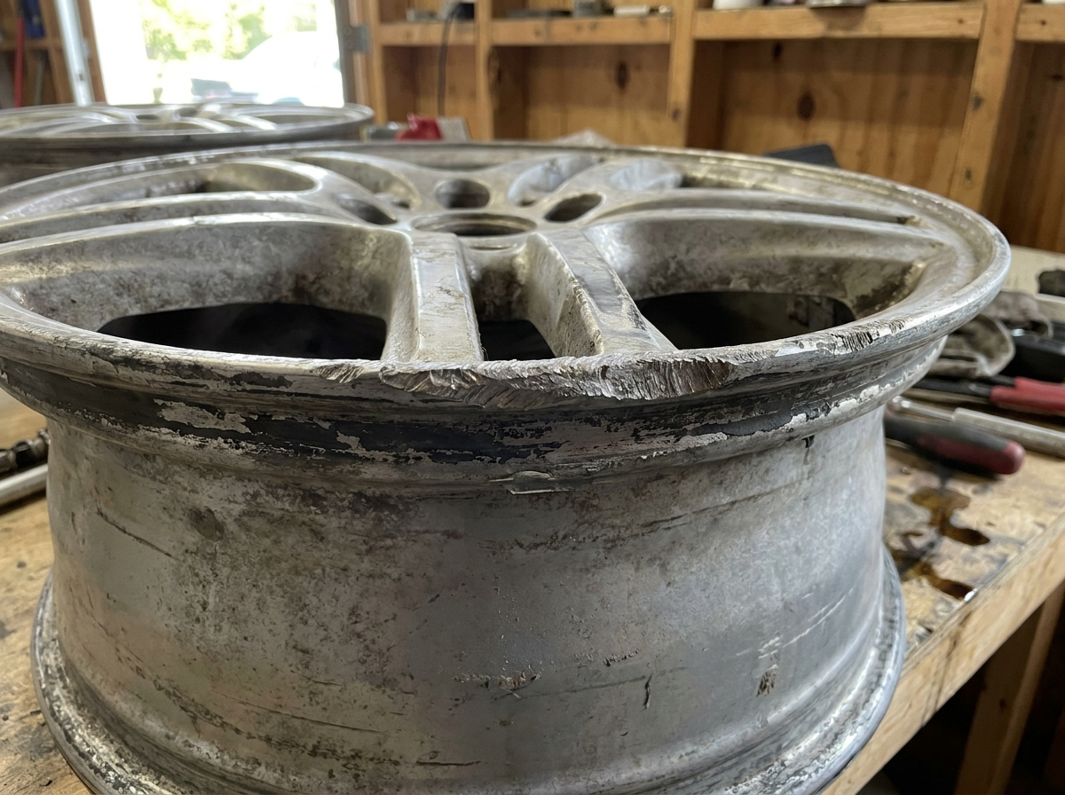 Beschadigde velg met stoeprandschade voor herstel